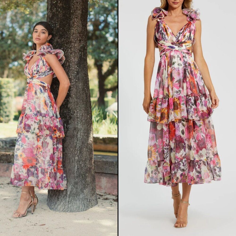 Mac Duggal 56048 Size 2 Ruffled Tiered Cut-Out Multicolored Floral Chiffon Dress